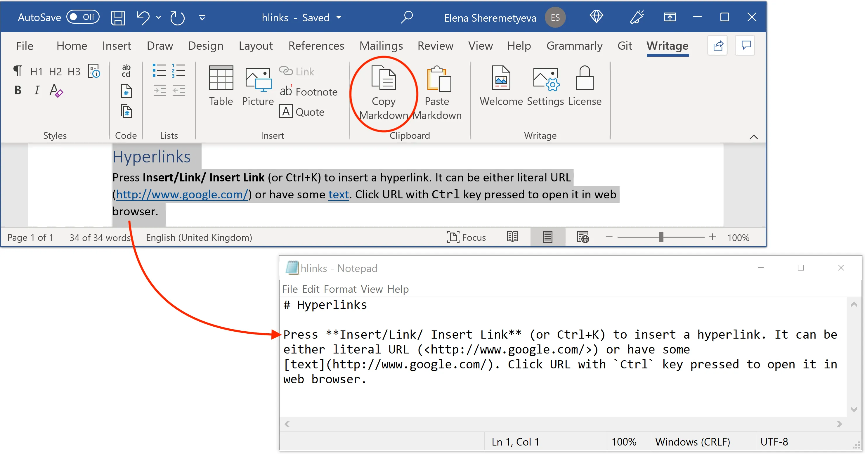 Paste text from Microsoft Word document into a Markdown file, using clipboard